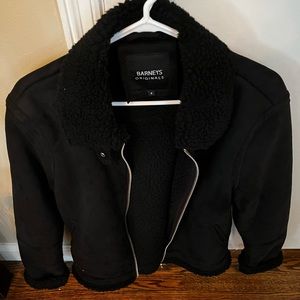 Barney’s Black Suede Jacket Sherpa Lined Borg Collar Size Small